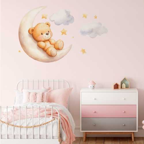 Moon and Teddy Bear Wall Decal – Dreamy Nursery Room Decor, baby room wall art, Stars wall sticker, Clouds nursery