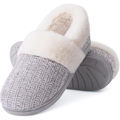 Evshine Women's Fuzzy Memory Foam Slippers, Closed Back Knit Bedroom Slippers, Slip-On Warm House Shoes for Indoor & Outdoor Comfort