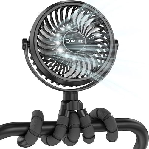 COMLIFE Baby Stroller Fan With Light, Rechargeable Battery Operated, Max 10Hrs Cooling, 3 Speeds, 360° Rotate USB Desk Fan, Flexible Tripod Clip On Fan for Stroller Car Seat Crib Treadmill Golf Cart