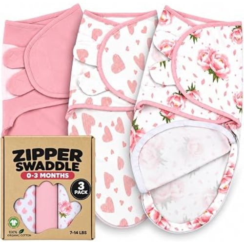 Organic Zipper Swaddle Sleep Sacks – 3-Pack Swaddles for Newborns 0-3 Months, Adjustable & Breathable Infant Sleep Sack, Easy Diaper Change Swaddling Blanket for Baby Girls & Boys