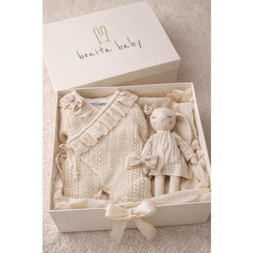 Organic Newborn Outfit Gift Set, Knitted Baby Coming Home Outfit, Baby Girl Coming Home Outfit ,Bunny Doll & Bows, Neutral Baby Shower Gift