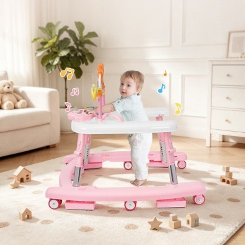 Kmaier 5-in-1 Foldable Baby Walker with Wheels, Music and Lights, 5 Adjustable Heights,Pink