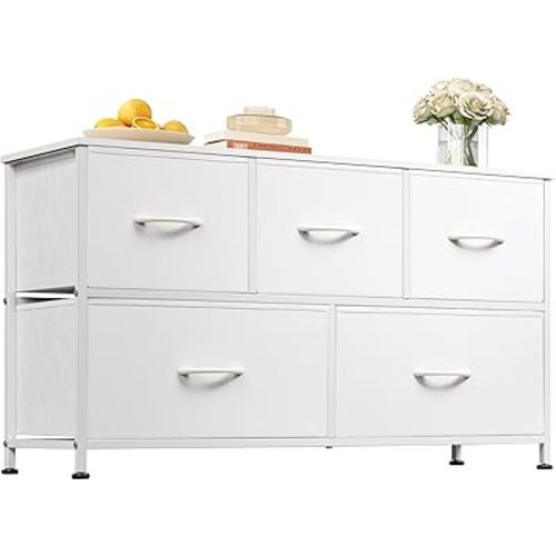 WLIVE Dresser for Bedroom with 5 Drawers, Wide Chest of Drawers, Fabric Dresser, Storage Organization Unit with Fabric Bins for Closet, Living Room, Hallway, White