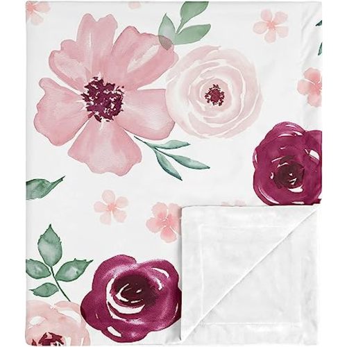 Sweet Jojo Designs Burgundy and Pink Watercolor Floral Baby Girl Blanket Receiving Security Swaddle Newborn Toddler Nursery Soft Minky - Blush Maroon Wine Rose Green White Shabby Chic Flower Farmhouse