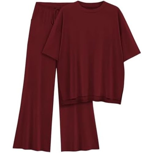 Womens Lounge Set 2 Piece Outfits Casual Loose Fit Short Sleeve Tops and Wide Leg Pants Tracksuits