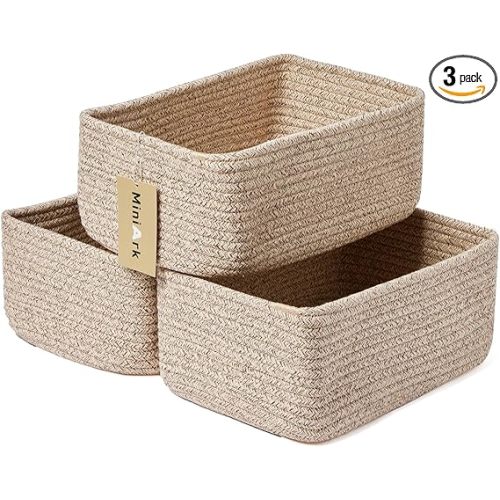 Small Storage Baskets for Organizing | Closet Organizer Bins | Shelf Toy Basket | Woven Rope Baskets | Cube Decorative Box | Shallow Basket | 11.5x7.5x4.7” | 3 Packs Mixed Brown