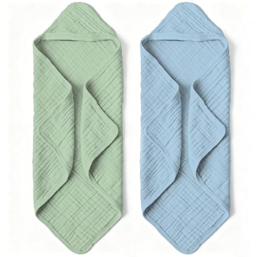 Bear Rocket Organic Muslin Hooded Baby Bath Towels - 2 Pack 100% Organic Cotton Towel for Babies, Infants, Toddlers - 32x32Inch - Highly Absorbent and Newborn Essential(Blue Green)
