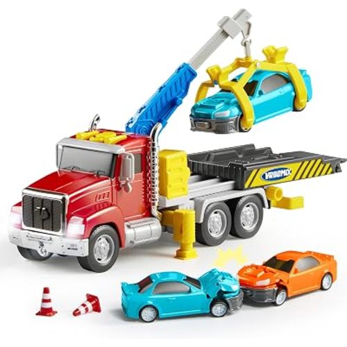 JOVA Vroomix Kids Tow Truck Toys for 3 4 5 6 7 Years Old Boys, Kids Car Toys, Large Truck with 2 Transformation Cars and Trailer, Crane with Lights and Sounds, Birthday Gifts