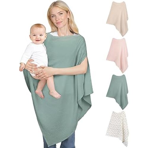 Muslin Nursing Cover Up for Breastfeeding, Soft & Breathable Cotton Breast Feeding Cover for Women, Full Privacy Breastfeeding Cover - Newborn Baby Essential, Green