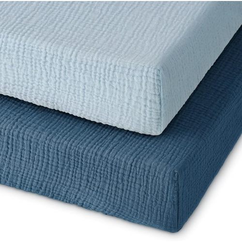 Muslin Pack and Play Sheets Fitted, 100% Cotton Mini Crib Sheets 2 Pack for Pack N Play Mattress, Stretchy Playard Sheet, Soft and Breathable Gradient Blue