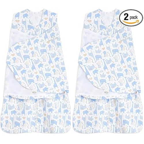 HALO 100% Cotton Sleepsack Swaddle, 3-Way Adjustable Wearable Blanket, TOG 1.5, Blue Safari, Newborn, 0-3 Months (Pack of 2)