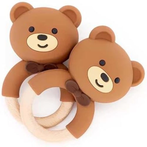 Generic Silicone and Wood Rattle,The Rattle Sound is Made More Crisp, Teether Toy for Babies, BPA Free, Brown