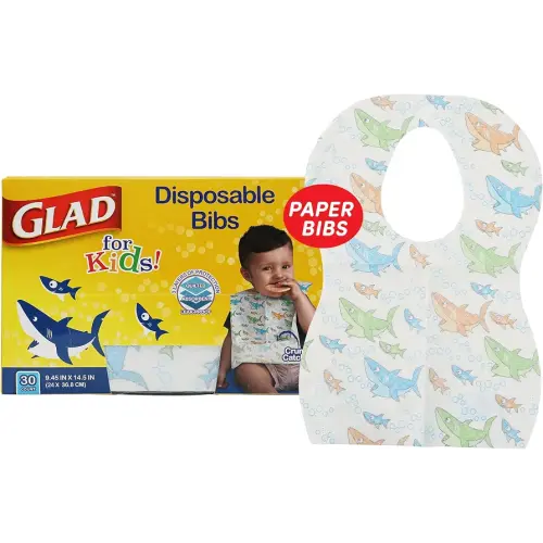 Glad for Kids Disposable Paper Bibs with Crumb Catcher, Sharks, 30 Count