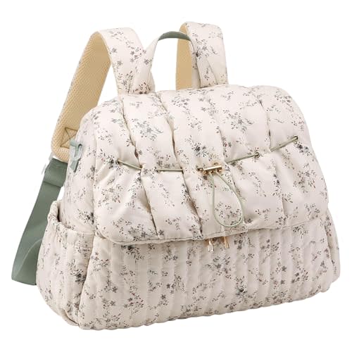 Lushandy Quilted Diaper Bag Backpack, Vintage Floral Puffer Diaper Backpack Large Baby Travel Bag Mom Hospital Bag