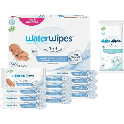 WaterWipes Original Baby Wipes Bundle, 99.9% Water, 3-In-1 Cleans, Cares, Protects, Unscented & Hypoallergenic, 720 Count (12 Packs) + WaterWipes Sensitive+ On The Go, Wet Wipes, 28 Count (Pack of 1)