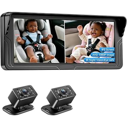 Dual Baby Car Camera for 2 Kids - 6.86 Inch IPS AHD 1080P Split Screen Monitor with 2 Backseat Cameras, Cigarette Lighter & USB Powered, IR Night Vision, 360° Rotatable, Double Rear-Facing Mirror