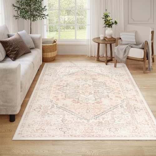 LIVEBOX Large Vintage Area Rug 6x9 - Washable Retro Tribal Pink Rug for Living Room, Soft Boho Anti-Skid Carpet Low-Pile Stain Resistant Floral Rugs for Girl Room Office