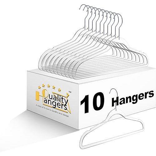 14” Clear Plastic Kids Hangers 10-Pack | Durable & Stylish Acrylic Hangers for Petite Adults with 360 Degree Swivel Hook and Notches | Cloths Children Hangers (10, Clear, Chrome)