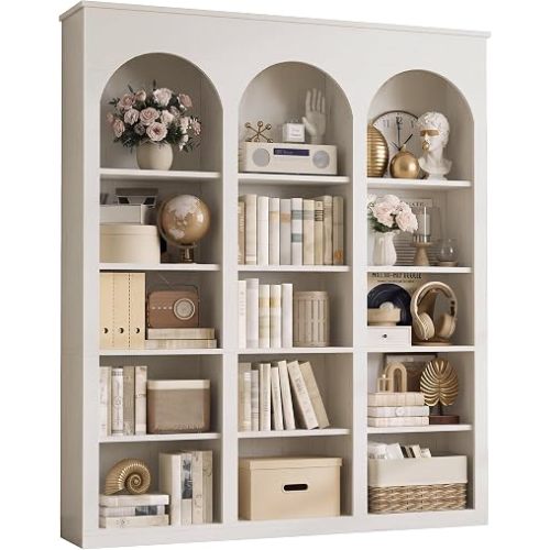 MapleGrace 71" Triple Arched Bookcase, Tall Bookshelf with Shelves, White