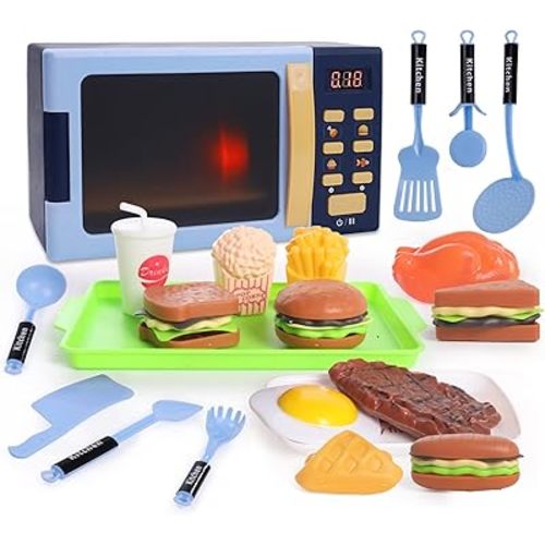 Toy Microwave Oven Playset with Light and Sound, Toy Kitchen Appliances for Kids, Play Kitchen Accessories and Toy Food for Toddlers 3 Year Old Up Girls Boys, Red