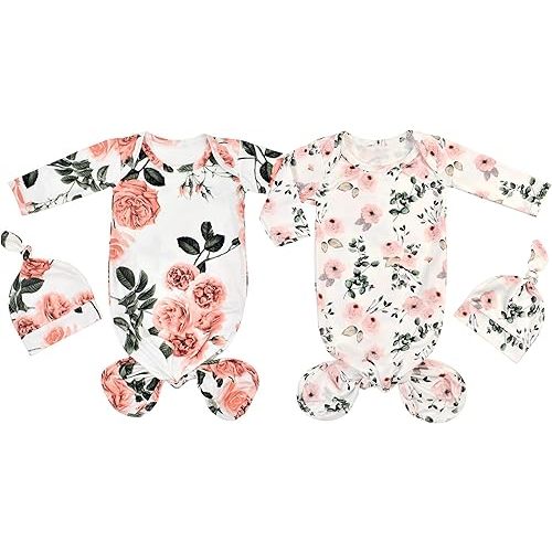 Newborn Baby Sleeper Gown - Knotted Nightgown Coming Home Outfits for Baby Girl - 2-Piece Set With Hat