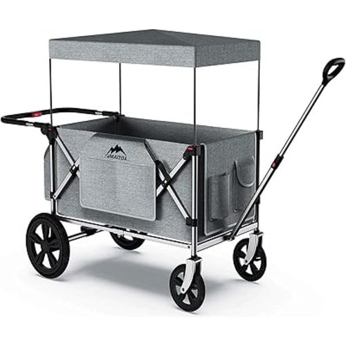 Foldable Wagon Stroller, Stroller Wagon for 2 Kids with 5-Point Harnesses,Adjustable Push/Pull Handle, Removable Sun Canopy, Suitable for Family Travel, Two Children Ride, Large Storage,Gift