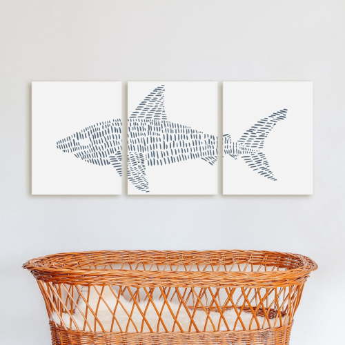Shark Art Triptych Nautical Decor for Boys Nursery or Bedroom Great White Shark Modern Illustration Art Prints or Canvases Poster Set 3