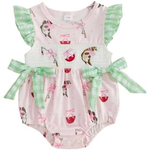 Infant Baby Girl Outfit Fishing Themed Embroidery Flying Sleeve Smocked Bubble Romper Gingham Bodysuit Summer Clothes