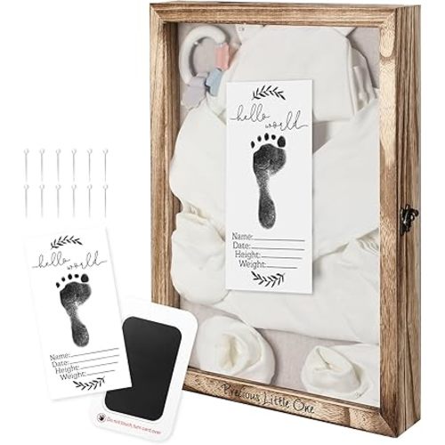 Jetec 12 x 16 Baby Shower Shadow Box Large Baptism Gift Baby Keepsake Box with Linen Back Hello World Newborn Sign Ink Pad Wood Memory Frame Case for Gender Reveal New Dad Mom Keepsake(Wood Color)