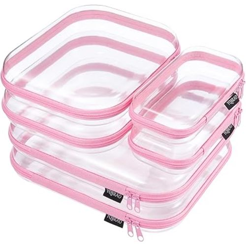 YQBRAO 6 Pack Clear Hard Shell Zipper Case, See-Through Hard Plastic Organizer Pouches with Zipper for Travel, Toiletries, Makeup, Electronics & Pencils - Crush-Resistant Storage (Pink)