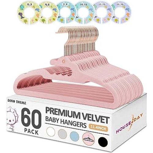 Premium Velvet Baby Hangers 60 Pack + 6 Pcs Cute Closet Dividers, Dino 11.4'' Baby Clothes Hangers for Kids, Sturdy Felt Non Slip Hanger for Kids Nursery on Baby Boys & Girls Closet Organizer - Pink