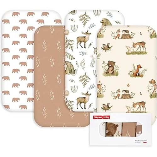 Gllquen Baby Bedside Sleeper Sheets 33x20 Inch 4 Pack - Fitted Crib Mattress Covers, Ultra Soft Oeko-TEX Certified Bassinet Sheets for Girls Boys, Gift Ready Box for Baby Shower (Bear)
