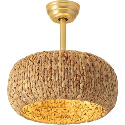 Caged Rattan Ceiling Fans with Lights,Boho Flush Mount Ceiling Fan with Light Low Profile Chandelier 6 Speed Bladeless Reversible Ceiling Fan for Living Room Bedroom kitchen island dining room 17inch