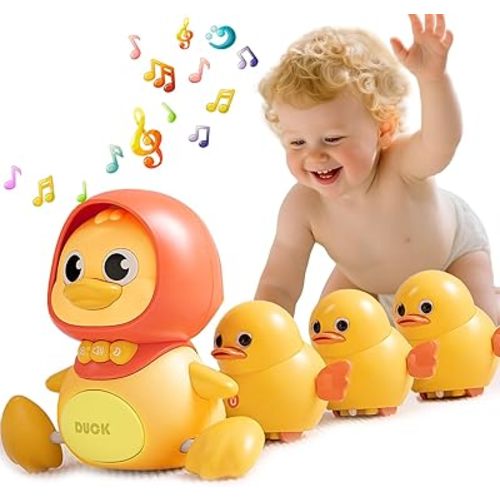 Baby Crawling Toys Set of 4 - Magnetic Swaying Ducks for Infants, Tummy Time Toys with Music & Lights, 1st Birthday Gift for Boys and Girls(Yellow)