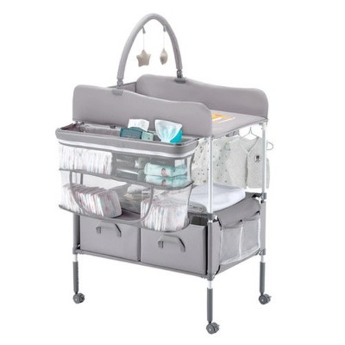 Foldable Baby Changing Table Diaper Station with 2 Fabric Drawers, Side Basket &