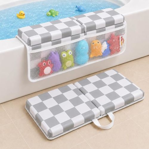 Bath Kneeler and Elbow Rest Pad Set - 1.5'' Thick Baby Bath Kneeler Pad, Foldable Memory Foam Kneeling Pad with 4 Toy Organizer Pockets, Quick Dry, Non-Slip, Checkered Pattern, Baby Bath Essentials