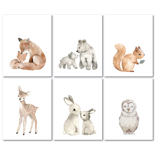Lambs & Ivy Watercolor Woodland Creature Prints - Fox & Bear Included, 6-Piece Unframed Nursery Wall Art Decor
