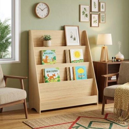 4-Tier Kids Bookshelf, Toddler Book Display Shelves, Slim Narrow Nursery Book & Toy Display Shelf for Bedroom or Playroom, Natural