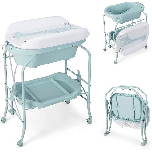 HONEY JOY 2-in-1 Baby Bathtub & Changing Table, Foldable Infant Diaper Changing Station with Wheels, Storage Tray, Waterproof Pad, Portable Newborn Nursery Organizer Bath Stand for Boys Girls (Blue)