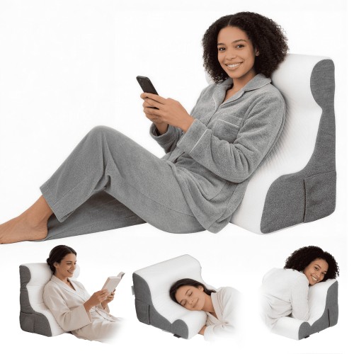 ORFELD Wedge Pillow for Sleeping,Resting,Back Pain Relief and Post Surgery,Memory Foam Cushion with Grey and White Patterned Polyester Cover, Ideal for Bedroom & Living Room,White