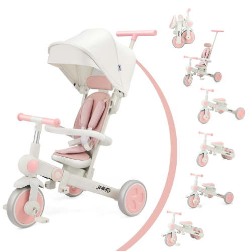 JMMD Baby Tricycle, 7-in-1 Foldable Kids Trike with Adjustable Parent Handle, Safety Harness & Wheel Brakes, Removable Canopy, Stroll Trike for Boys & Girls Ages 18 Months-5 Years, Pink