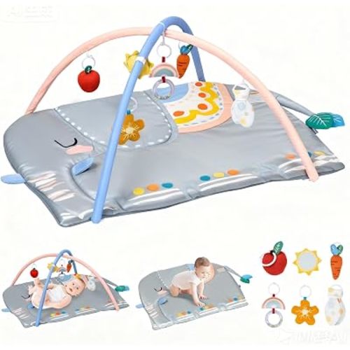 Baby Play Gym Tummy Time Mat, Oversize Elephant Activity Mat with 6 Detachable Toys, Promote Motor Skills & Sensory Development Mat, Newborn Infant Baby Essentials Gift