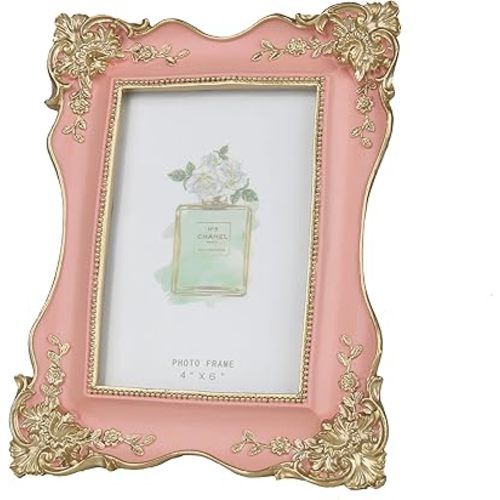 Kaolituis Vintage Picture Frame 4x6 with Gold Trim Antique Tabletop Wall Hanging Photo Frame with Glass Front for Home Decor,Gift Ideas (Pink)