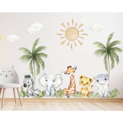 Baby Safari Animals Watercolor Wall Decal, Watercolor Wall Sticker, Nursery Mural, Lion, Elephant Wall Decal, Peel and Stick Tree Decal
