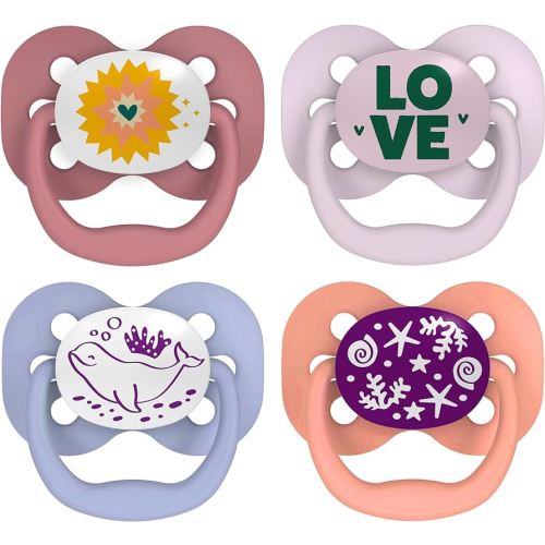 Dr. Brown's Advantage Glow-in-the-Dark Baby Pacifier, Fully Symmetrical Soother with Soft Silicone Bulb, Lavender Love-Coral Ocean, 0-6m, BPA Free, 4 Pack