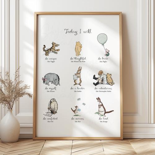 Today I Will Winnie-the-Pooh Nursery Wall Art, Kids Positive Affirmations Posters with Classic Pooh and Friends: Unframed Watercolor Print