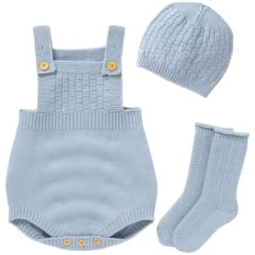 Baby Boys And Girls 3 Piece Sweater Jumpsuit Set, Knitted Solid Color Design.