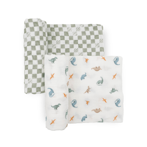 Organic Cotton Muslin Swaddle Blanket 2 Pack - Little Dino