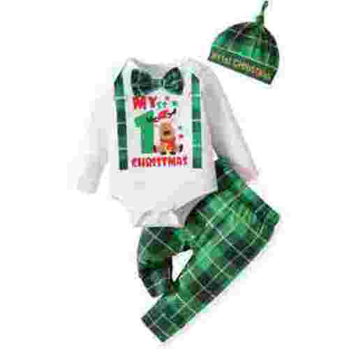 Newborn Baby Boys First Christmas Outfit Infant Deer Gentleman Bodysuit Plaid Pants Hat Set, Green
