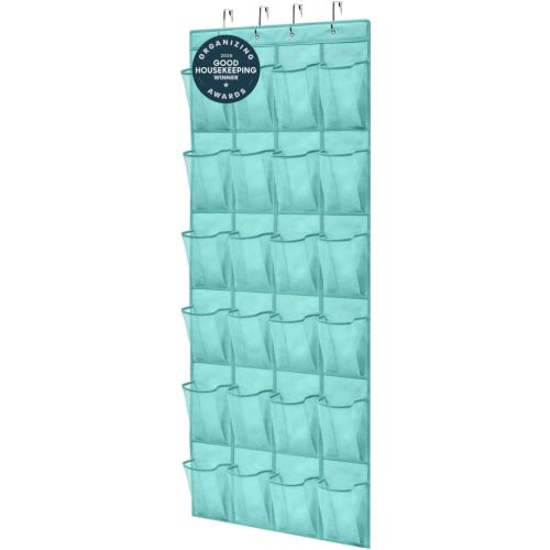 GORILLA GRIP Over the Door Shoe Organizer, 24 Large Breathable Mesh Pockets, Space Saving Hanging Storage Holder, Closet Rack Hanger Holds Up to 40 lbs, Hangs on Closets, Shoes, Accessories, Turquoise